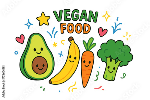Vegan food flat icon set. featuring avocado, banana, carrot, broccoli