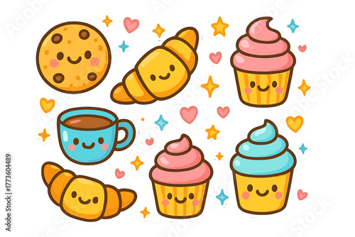 Bakery goods flat icon set. featuring cookie, croissant, cupcake, and coffee cup symbols