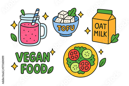 Vegan food flat icon set. featuring smoothie, tofu, oat milk, salad, and vegan food symbols