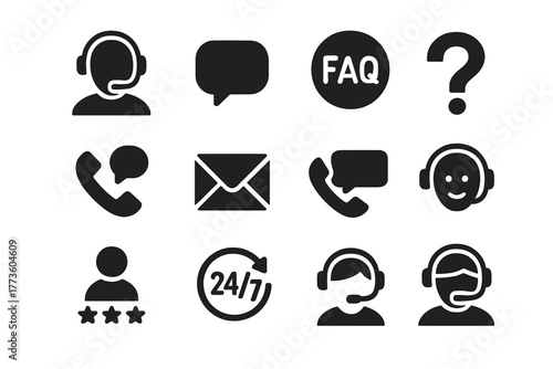 Customer support silhouette icon set. featuring headset, chat, faq, help, phone, email, 24/7 symbols