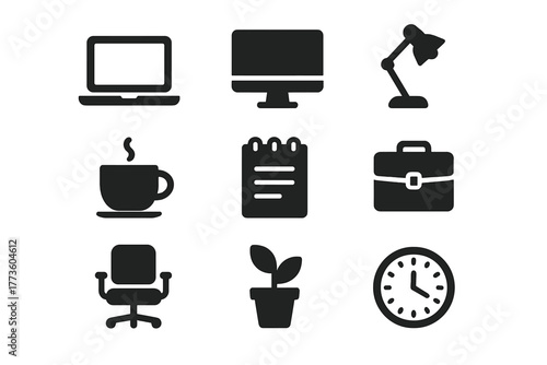 Office tools silhouette icon set. includes laptop, desktop, lamp, coffee, notebook, briefcase, chair, plant, clock