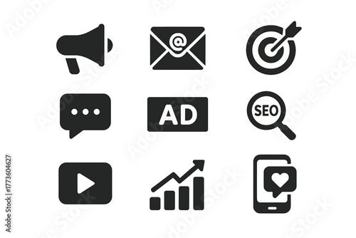 Marketing silhouette icon set. featuring megaphone, email, target, chat, ad, seo, video, analytics, smartphone symbols