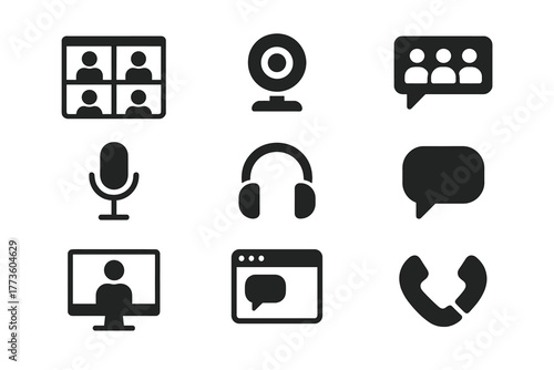 Communication silhouette icon set. featuring video call, webcam, chat, microphone, headset, monitor, browser, phone