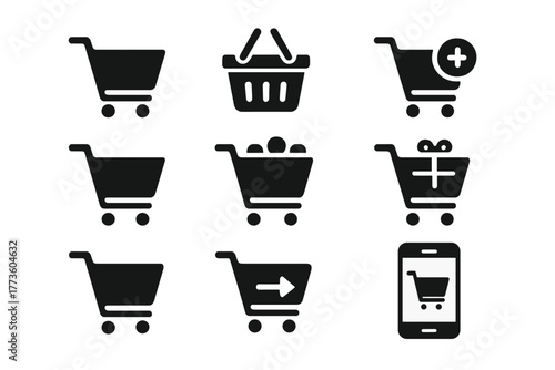 Shopping cart silhouette icon set. featuring basket, add to cart, remove, gift, checkout, and mobile purchase icons.