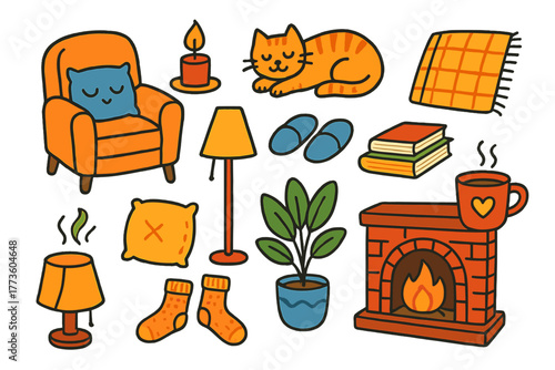 Cozy home linear icon set. featuring armchair, candle, cat, blanket, slippers, books, pillow, plant, fireplace