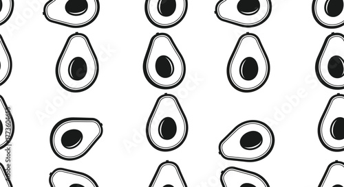 Seamless pattern of avocado halves with pits, a healthy fruit isolated on white background