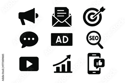 Marketing tools silhouette icon set. featuring megaphone, email, target, chat, ad, seo, video, growth, smartphone