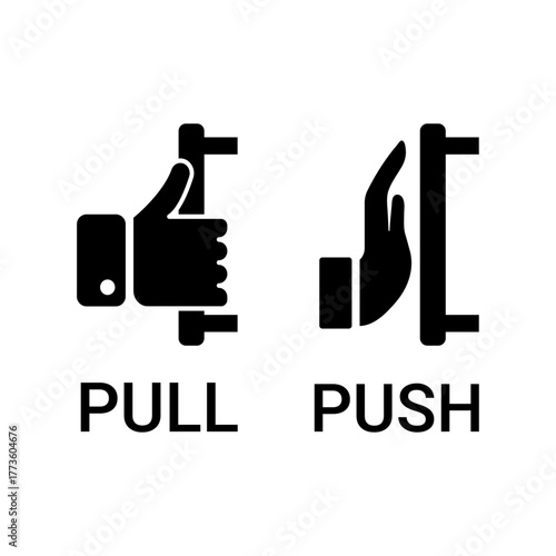 Black PULL and PUSH Door Instruction Icons with Hand Gestures and Vertical Bars for Entryway Signage