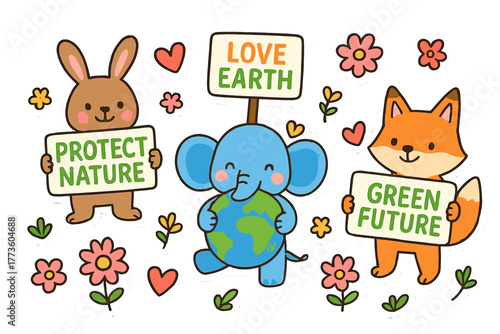 Environmental awareness flat icons set. featuring rabbit, elephant, fox, flowers, hearts symbols