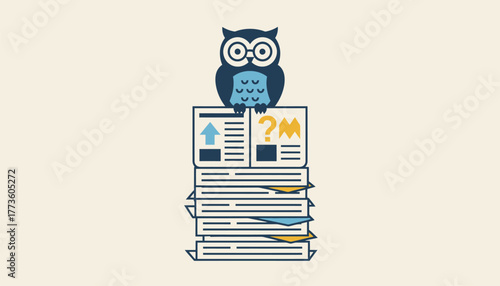 An owl wearing glasses symbolizing wisdom perched atop a stack of newspapers with one open showing a clear distinction between fact and fiction.