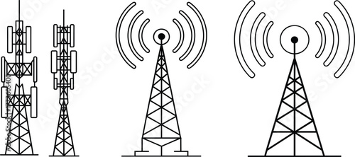 Illustration of four wireless communication towers with antennas, signal waves, network transmission symbols, broadcast technology icons, black line art vector
