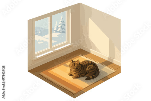 Cozy tabby cat enjoying sunlight on rug by winter window