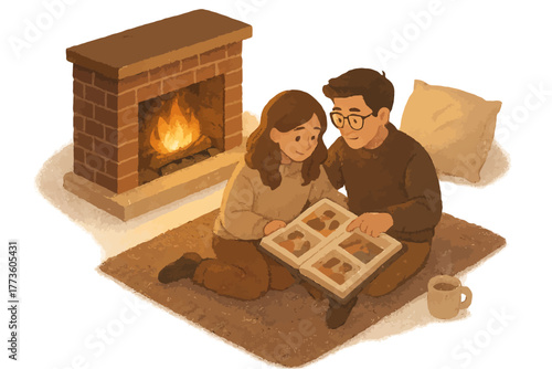 Cozy evening by the fireplace with young asian couple sharing a photo album