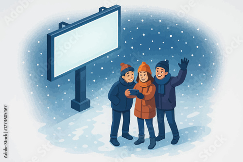 Group of young adults enjoying snowy weather beside blank billboard