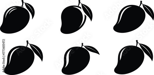 Black mango silhouette icons, tropical fruit vector illustration, minimal design, isolated mango shapes, bold graphic style, healthy food concept art