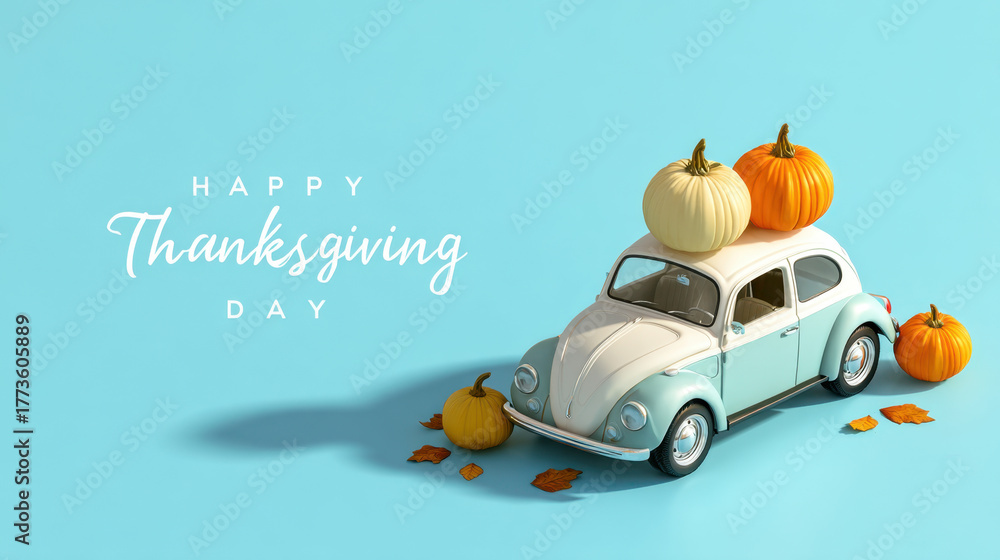 Naklejka premium Happy Thanksgiving day vintage car with pumpkins on a bright blue background