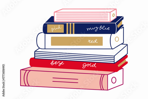 Modern Stylized Stack of Colorful Books with Gold Accents