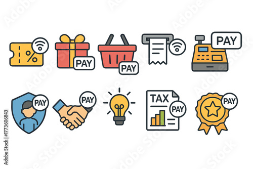 Payment and Commerce Icons Set in Flat Style
