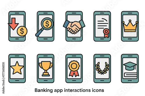 Smartphone Banking App Interaction Icons Set in Flat Design Style