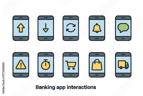 Banking app interactions mobile phone icons set in line style