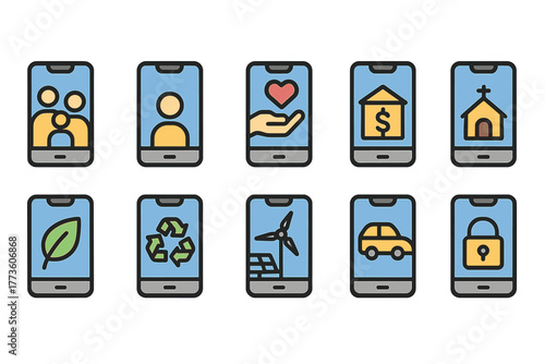 Icons Set on Smartphone Screens in Flat Design Style