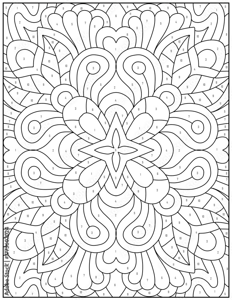 Fototapeta premium Detailed floral pattern with numbered sections for color by number activity page