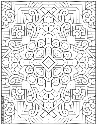 Intricate symmetrical pattern with numbered sections for color by number activity