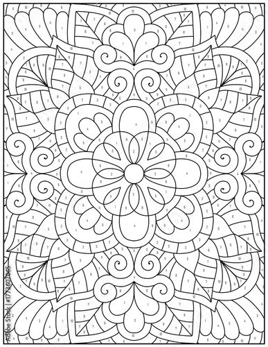 Detailed floral mandala coloring page with numbered sections for color by number fun