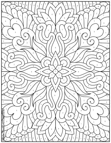 Intricate floral pattern with numbered sections for coloring activity sheet design