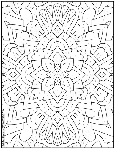 Detailed black and white mandala coloring page with numbered sections ready to color