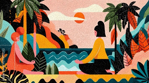 Serene Landscape with Two Figures Meditating in Nature Scene