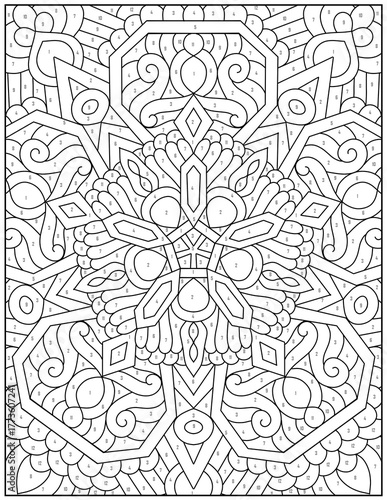 Intricate geometric pattern with numbered sections for color by number activity
