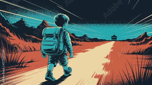 A boy with backpack walking on a path towards a building in a landscape with mountains and a blue sky