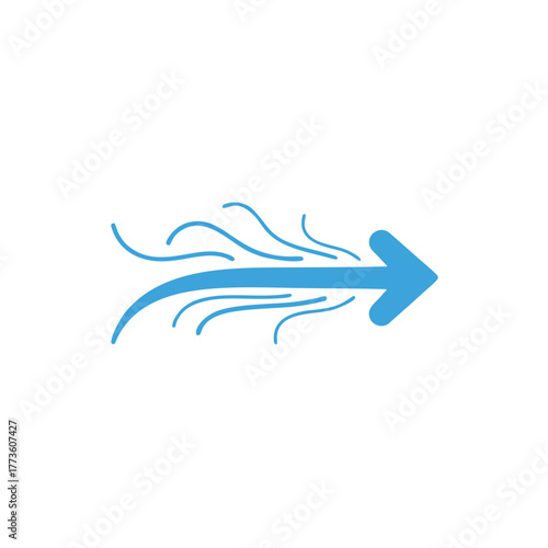 Stylized blue arrow icon with flowing wavy lines representing movement and direction.
