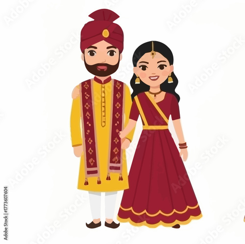 Illustration of a traditional Indian couple wearing festive attire standing together