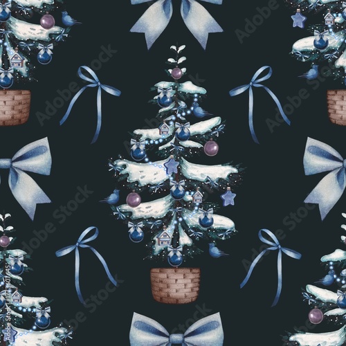 Hand drawn Christmas seamless pattern with a snow covered fir tree and blue bows. Watercolor illustration.