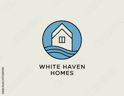 A simple yet elegant logo featuring a house surrounded by waves, symbolizing comfort and stability, perfect for a real estate company aiming to attract families and clients.