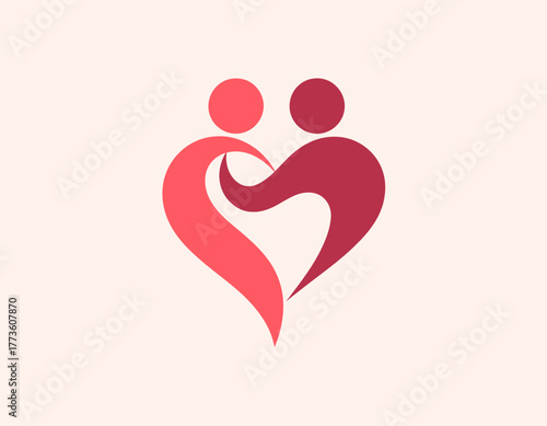 An emotive logo design depicting two stylized figures in a heart shape, symbolizing love, connection, and unity, ideal for relationship and care-related branding.