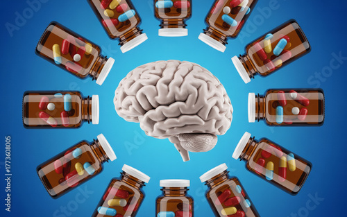 Detailed Medical Illustration of a Human Brain Surrounded by 10 Amber Prescription Bottles Containing Colorful Pills on a Gradient Blue Background, Showing Symmetry and Depth.