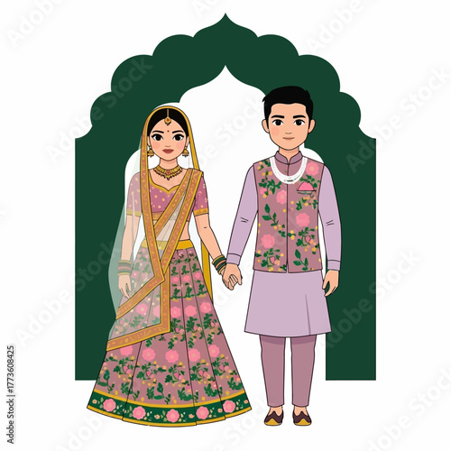 Illustration of a traditional Indian couple standing hand in hand in front of an archway with ornate decorations.