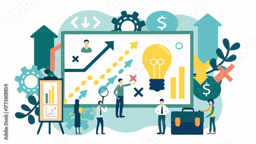 Business team collaborating on a strategy with a whiteboard lightbulb and financial growth symbols