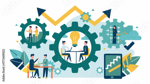 Business team collaborating and brainstorming ideas within interconnected gears symbolizing progress and innovation