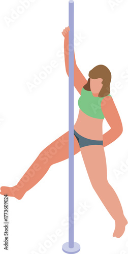 Pole dancer performing acrobatics on a vertical pole during a fitness exercise