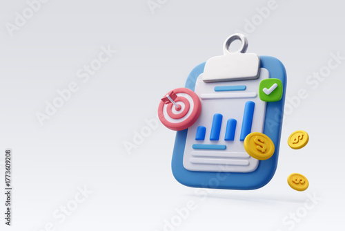 3d Vector Stock trading with clipborad, Business graph, Coin, Dart target, Business planning concept.