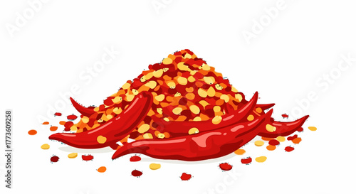 Heap of vibrant red chili peppers with seeds on a white background