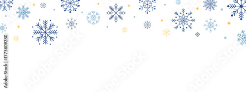 Elegant blue and gold snowflakes border on white background. Festive winter banner for Christmas and New Year greeting cards, invitations, social media headers, websites, and seasonal decoration.