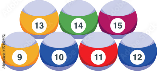 Billiard balls set arranged in a triangle, ready for a break shot, creating a vibrant and playful composition