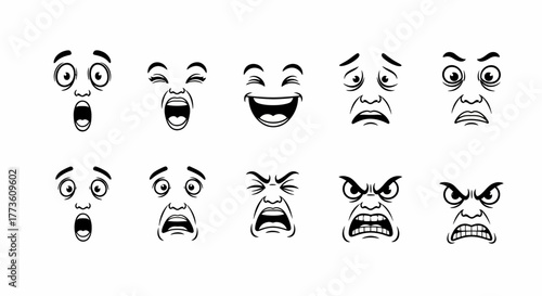 A set of various cartoon faces with different emotions on a white background