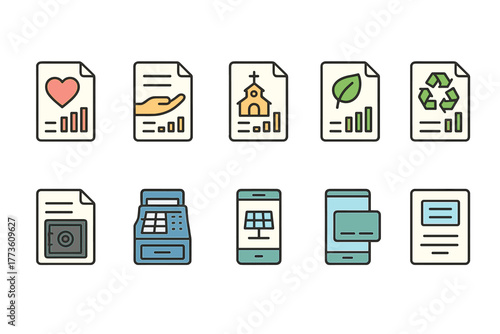 Charity, Finance, and Technology Icons Set in Line Style