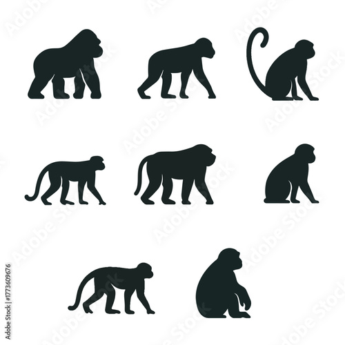 Minimalist Silhouette Monkey Diverse Poses Group Icon Illustration